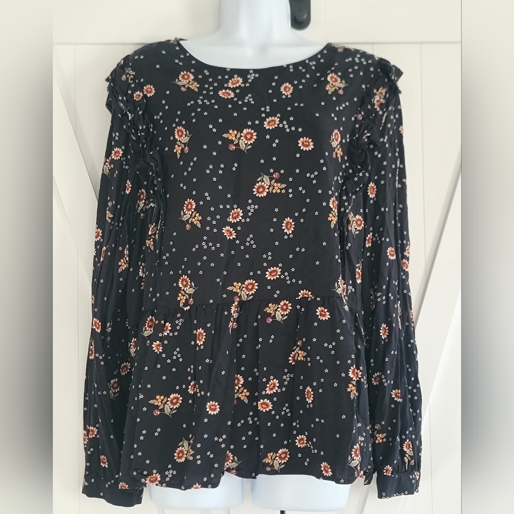 Loft Factory Black Floral Peplum Blouse | Size XL